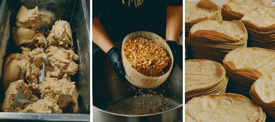 Three photos showing tortillas being mixed, corn washed and piled up