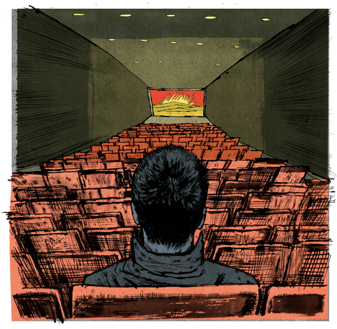An illustration of a man sitting in a movie theater